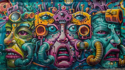 Vibrant urban graffiti artwork with abstract faces