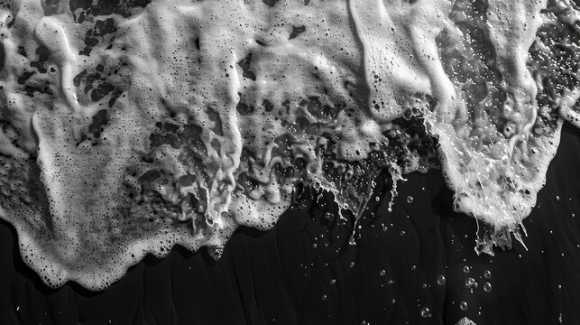 Sea wave with bubbles hitting the sandy beach viewed from above in a black and white high contrast and grainy style