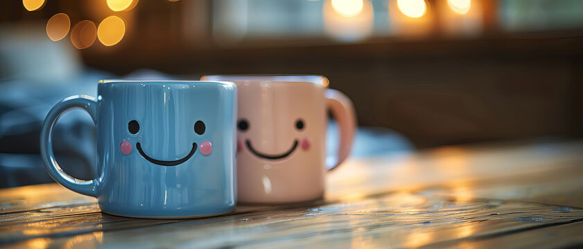 Coffee mugs blue pink smile