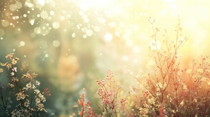 Warm sunlight filters through a field of wildflowers with bokeh effect, creating a serene, dreamy atmosphere