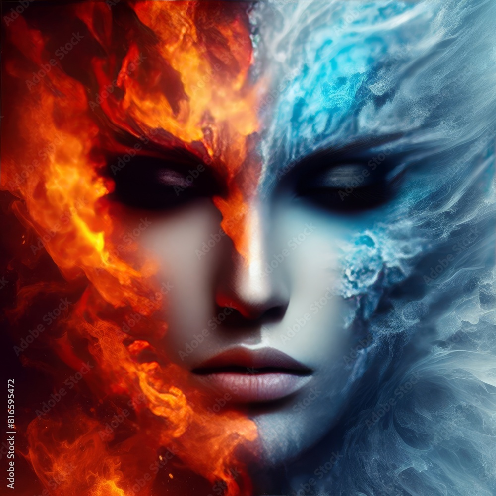 Poster a striking portrait captures the elemental contrast of fire and ice, embodied in a symmetrical face 
