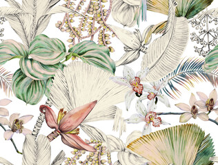 Tropical seamless pattern with palm leaves, banana flower and orchids. Wallpaper drawn in watercolor and pencil. © Арина Трапезникова