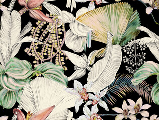 Tropical seamless pattern with palm leaves, banana flower and orchids. Wallpaper drawn in watercolor and pencil.