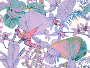 Tropical seamless pattern with palm leaves, banana flower and orchids. Wallpaper drawn in watercolor and pencil.
