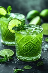 Two glasses filled with limeade and slices of lime on the rim, ready to enjoy a refreshing citrus beverage
