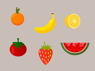 A set of fruits and vegetables. strawberry, watermelon, tomato, banana, orange, lemon