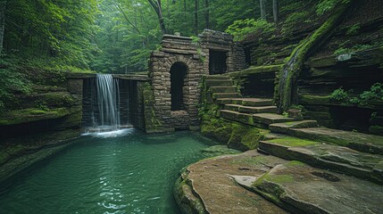 a natural waterfall pool with stone carved ruins integrated into the design, overgrown, cascades, dense forest, rocks and cliffs, appalacian, serene, Generate AI.