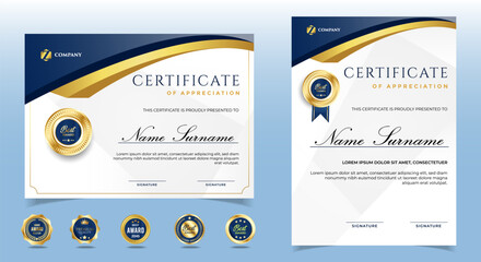 Blue and gold certificate of appreciation border template with luxury badge and modern line and shapes. For award, business, and education needs. Diploma vector template	