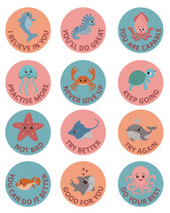 Set Motivational Collection of stickers with the words Practice more Never give up Ocean animals
