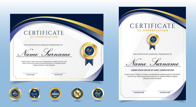 Blue and gold certificate of appreciation border template with luxury badge and modern line and shapes. For award, business, and education needs. Diploma vector template	