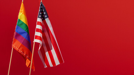 Flags of LGBT and USA on red background