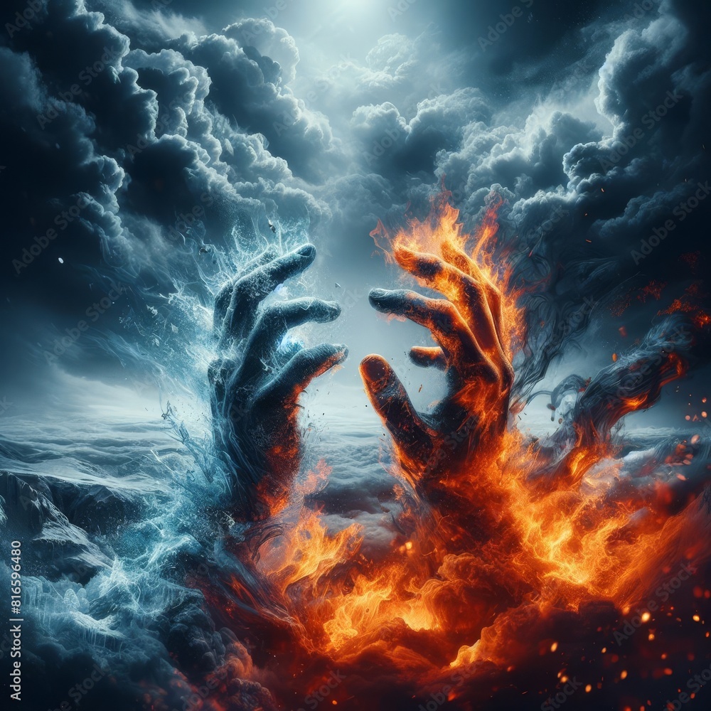 Poster powerful conceptual artwork of hands representing the elements of fire and ice clashing amidst storm