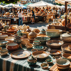 Fototapeta premium there are many plates and bowls on a table with a green table cloth, fotografia, colored market stand, beautiful sunny day, dish, pan and plates, center focus on table, 4k photo”, street market, handm