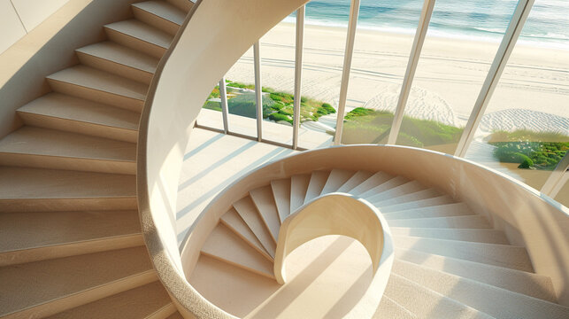Beach house winder staircase in sandy beige, top view capturing the beachside view.
