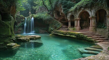 a natural waterfall pool with stone carved ruins integrated into the design, overgrown, cascades, dense forest, rocks and cliffs, appalacian, serene, Generate AI.