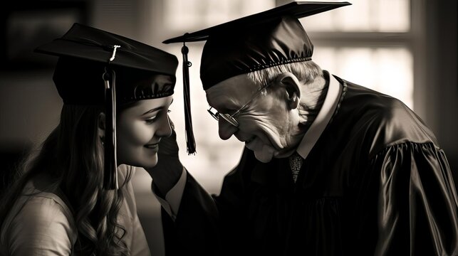 A young woman and an elderly man both wearing graduation caps.