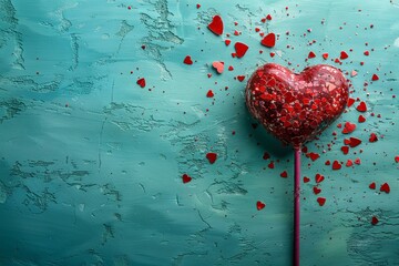 A red heart shaped lollipop broken into pieces on a turquoise background in a flat lay. A Valentine's Day concept. Free space for text