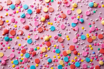 Colorful sprinkles on a pink background with space for copy. The background concept depicts a happy birthday, candy, and bakery in a top view, flat lay style. The space for product or information