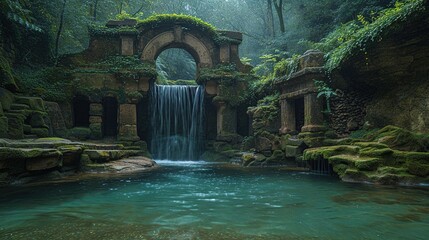 a natural waterfall pool with stone carved ruins integrated into the design, overgrown, cascades, dense forest, rocks and cliffs, appalacian, serene, Generate AI.