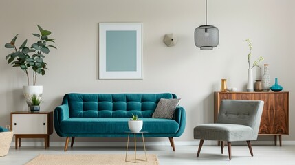 Stylish Living Room with Teal Sofa and Elegant Decor in a Contemporary Style, Featuring Teal Blue and Neutral Shades for a Chic and Inviting Home Space