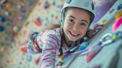 Young girl using handholds to climb up an artificial rock wall indoor