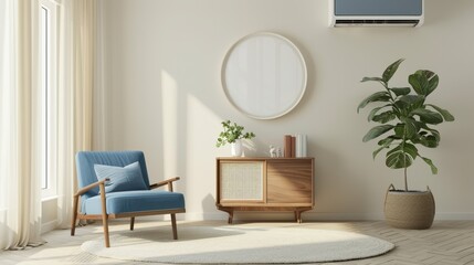 Fototapeta premium Cozy Scandinavian Living Room with Blue Armchair and Large Plant, Light and Airy Design, Sky Blue, Perfect for Relaxation Spaces