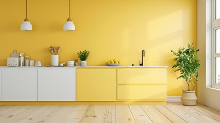 Vibrant Yellow Kitchen with Modern Cabinets and Greenery, Contemporary Interior Design, Sunflower Yellow, Ideal for Bright and Cheerful Spaces