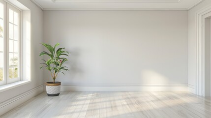 Minimalist Room with Neutral Walls and Potted Plant, Simple Interior Design, Off-White, Ideal for Clean and Fresh Spaces