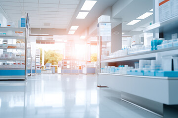 The shelves of medicines are blurred in the interior of the pharmacy.
