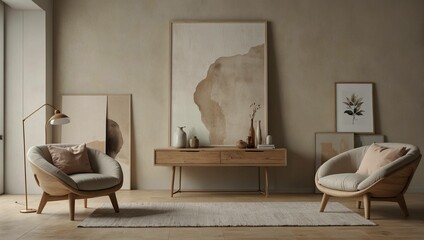 A beige living room with wooden furniture, armchairs, a large painting, and framed prints.