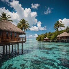 A tropical island with a luxurious overwater bungalow resort.