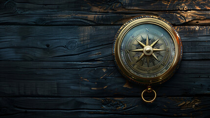 Golden compass on dark wooden background top view