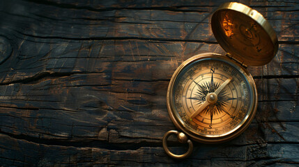 Golden compass on dark wooden background top view