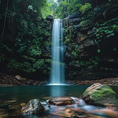 a natural waterfall pool with stone carved ruins integrated into the design, overgrown, cascades, dense forest, rocks and cliffs, appalacian, serene, Generate AI.