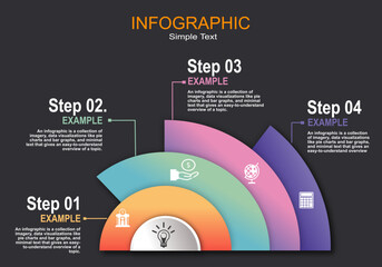 Semicircular infographic vector with 4 layers to show descriptions, space for text on a gray-black background for presentations, financial reports, management, education, planning, timelines.
