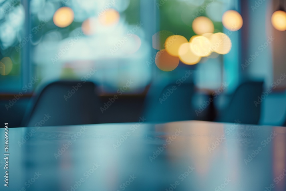 Poster minimalist teal acrylic table with bokeh digital health interface background in tranquil setting
