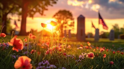 Fototapeta premium Warm sunset light bathes a serene field of poppy flowers with gravestones and a flag in the background
