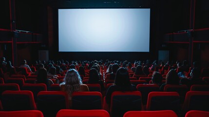 Obraz premium The movie is being shown on a large screen in a theater filled with people sitting in red seats, with the audience's silhouettes blurred as they watch the film.
