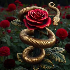 A hyperrealistic image of a golden snake coiled around a blooming red rose against a garden of roses, blending flora and fauna themes.. AI Generation