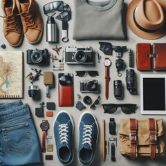 Flat lay photography of essential travel gear, from cameras to clothing, neatly organized, ready for adventure.. AI Generation