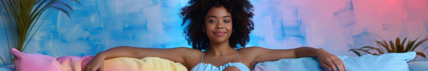 Young Black Woman Celebrating World Emoji Day on Vibrantly Colored Couch in Futurism-Inspired Room