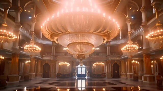Luxurious Grand Hall with Opulent Chandeliers with Ai generated.
