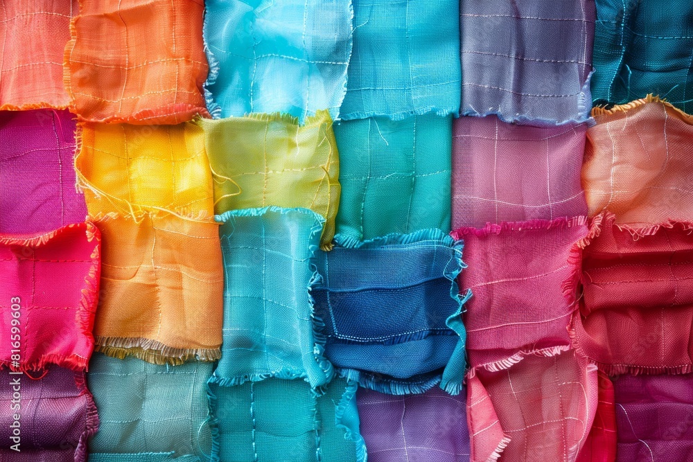Poster Vibrant Handmade Fabric Collage: Close-Up of Upcycled Textile Art Featuring Colorful Scraps in Creative Reuse
