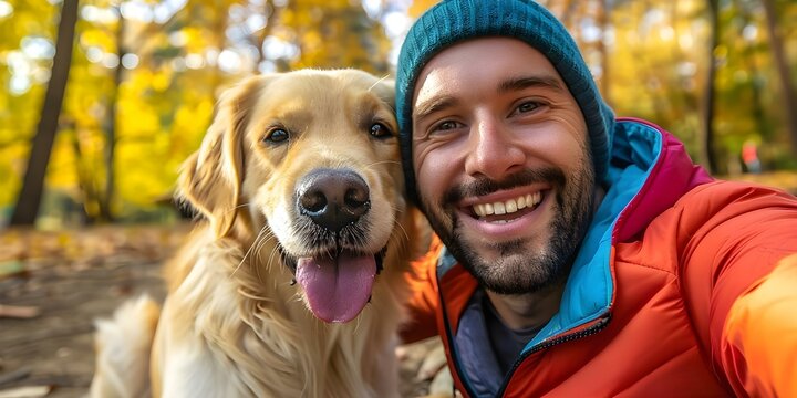 Man happily taking selfie with dog in park showcasing humananimal friendship and love. Concept Pets, Friendship, Photography, Park, Happiness