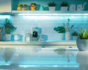 Fototapeta premium Modern Kitchen Featuring Glass Table for Health-Focused Product Display, Highlighting Low-Histamine Diet and Digital Nutrition Tracking