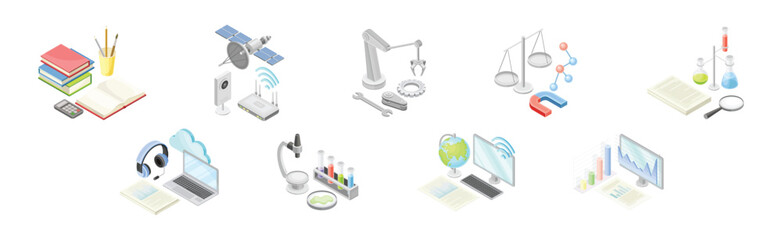 STEM Education and Science Object and Equipment Isometric Vector Set