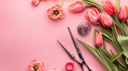 Hairdressers tools with tulips on pink background close
