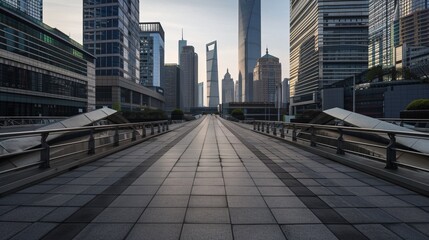 Fototapeta premium Vacant plaza and footbridge surrounded by contemporary urban structures.