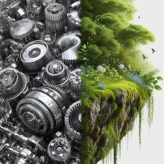 This powerful digital image showcases the stark contrast between mechanical parts and vibrant natural flora, symbolizing the dichotomy between technology and nature.. AI Generation