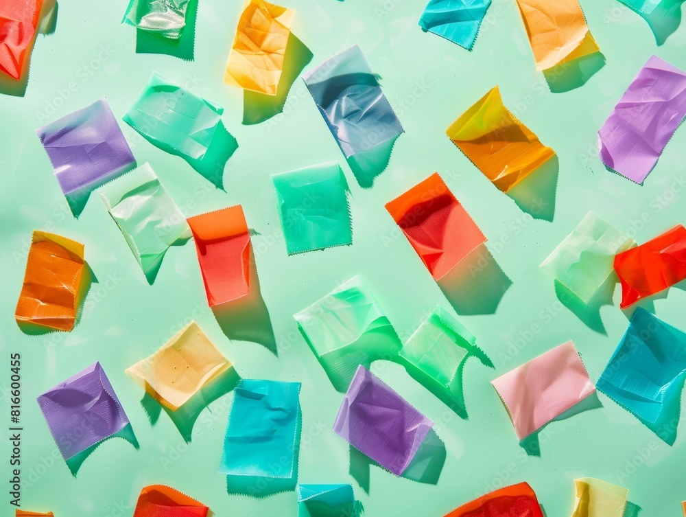 Poster bright and airy display of vibrant colored fabric scraps on soft green background, illustrating sust